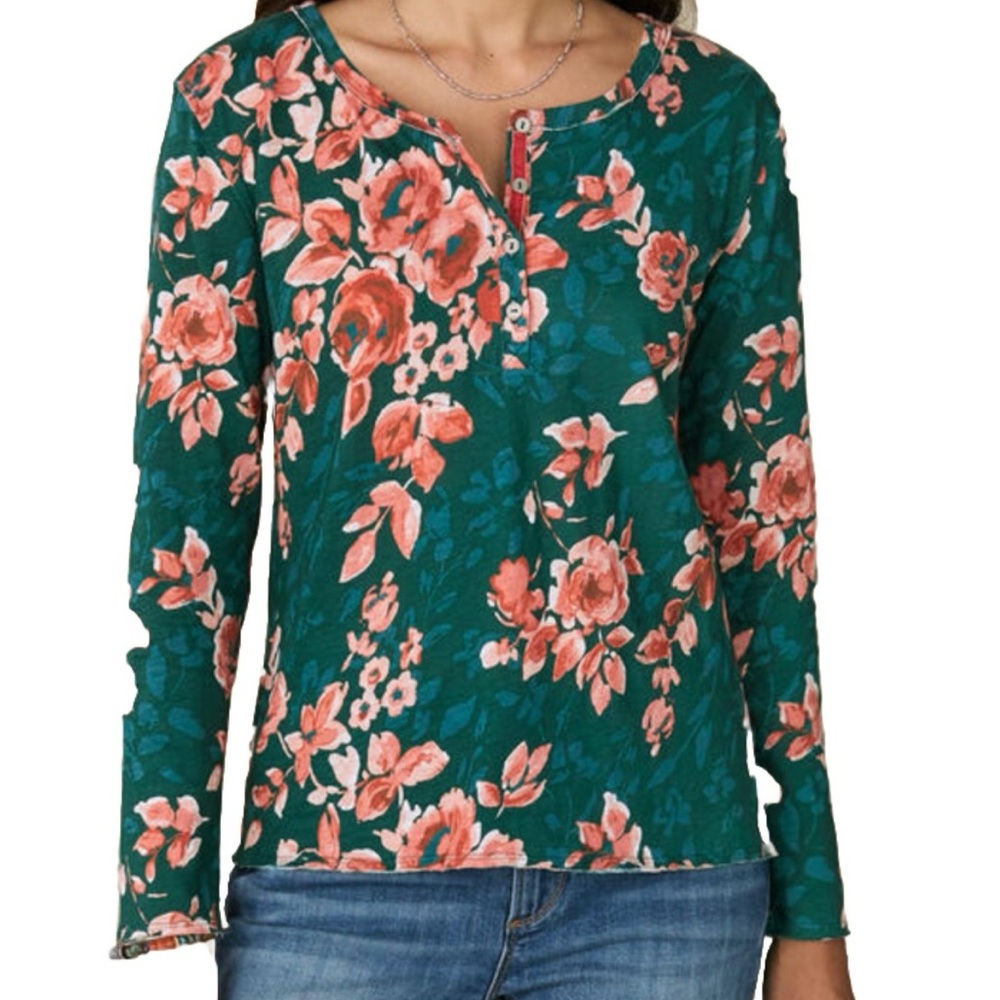 Sundance Henley Top Rosey Delight Floral‎ Long Sleeve 100% Cotton NEW Medium P